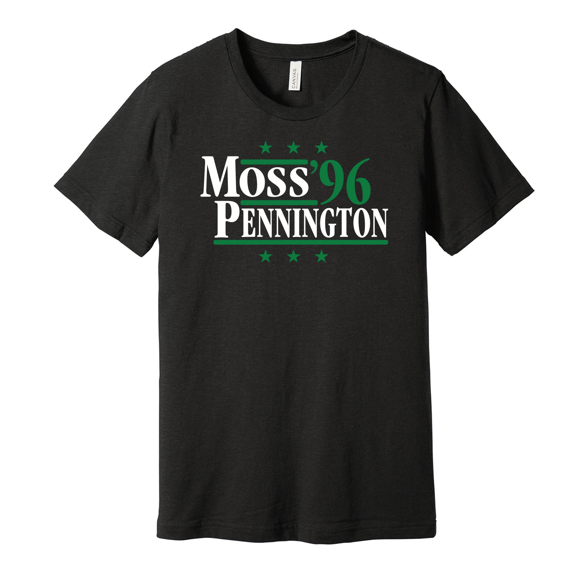 Marshall Thundering Herd retro political campaign parody black t-shirt featuring Randy Moss and Chad Pennington '96, designed in a vintage election style by Hyper Than Hype Shirts.
