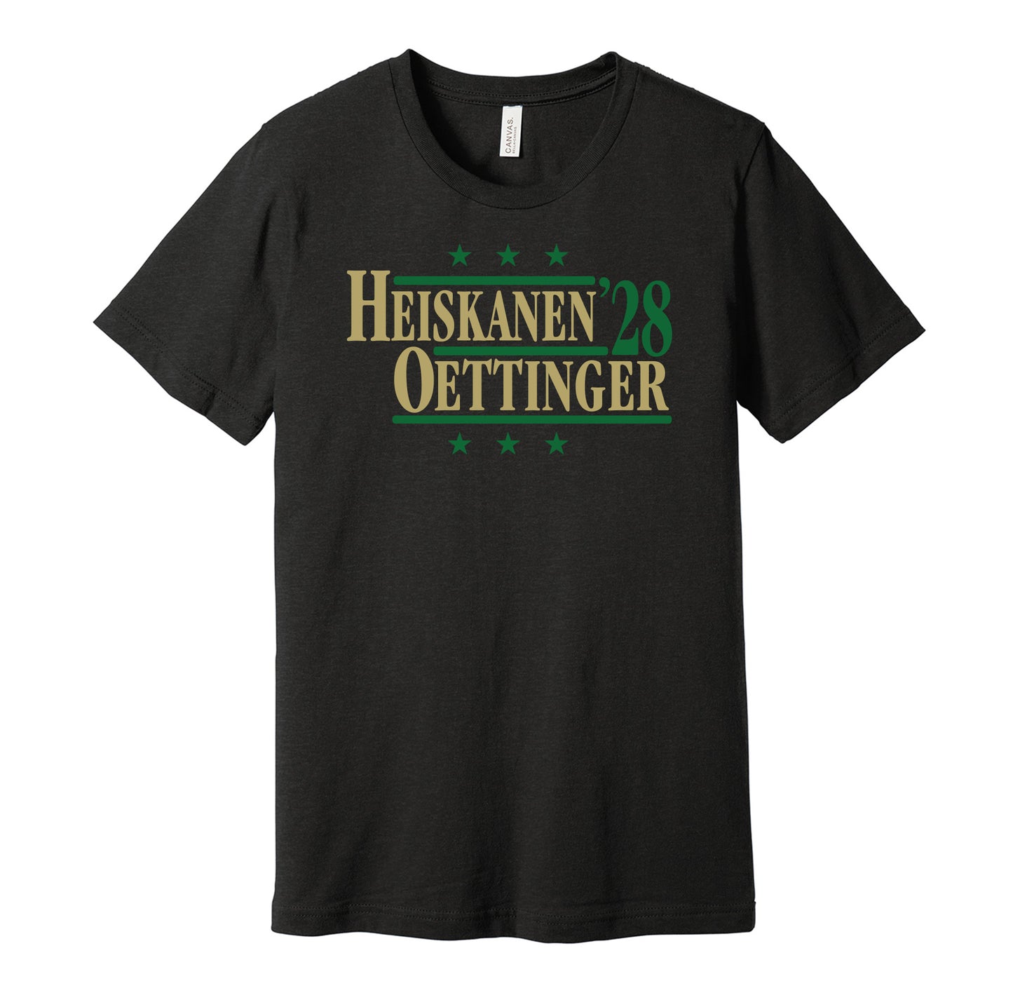 Dallas Stars retro political campaign parody black t-shirt featuring Miro Heiskanen and Jake Oettinger '28, designed in a vintage election style by Hyper Than Hype Shirts.