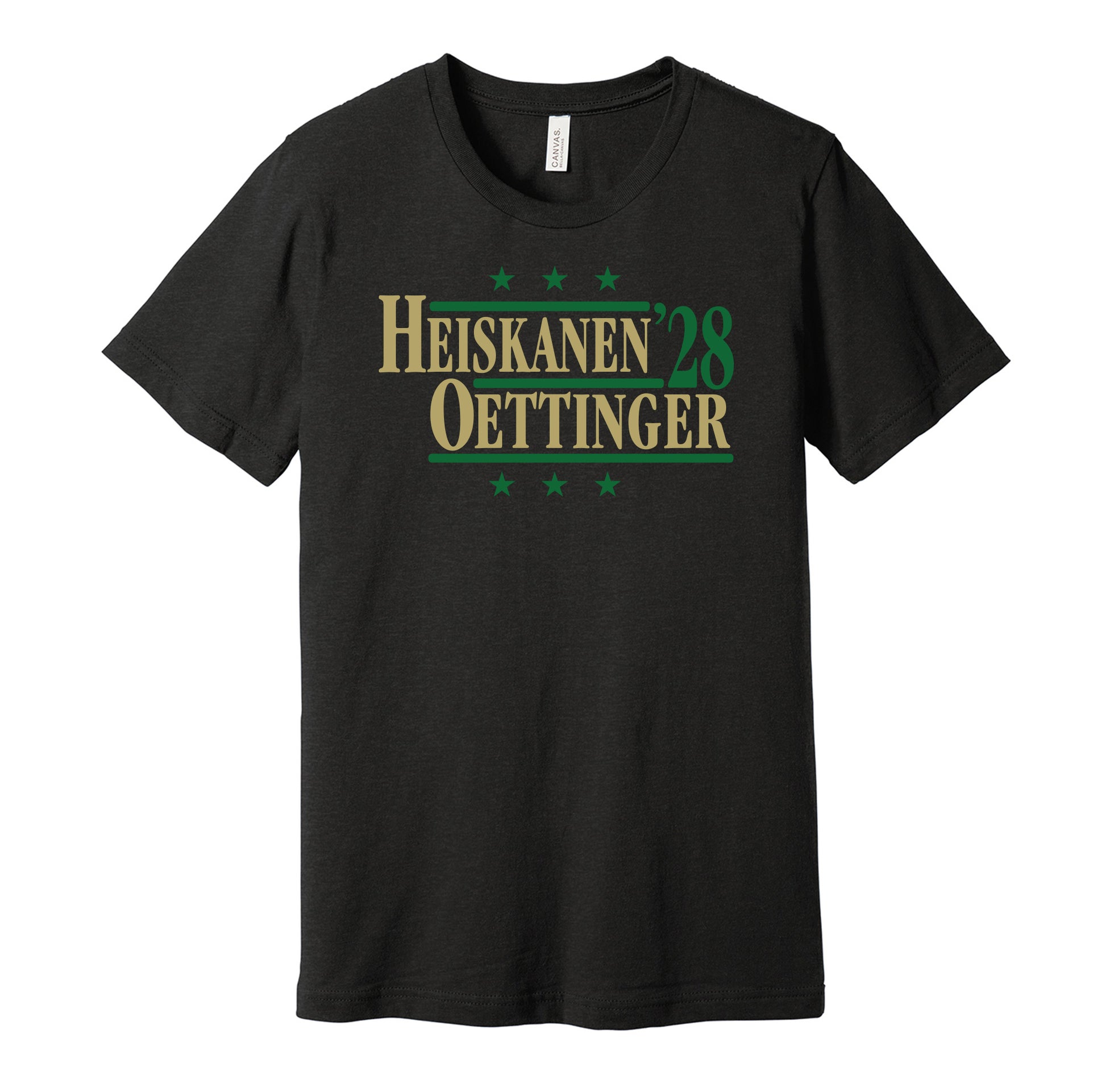 Dallas Stars retro political campaign parody black t-shirt featuring Miro Heiskanen and Jake Oettinger '28, designed in a vintage election style by Hyper Than Hype Shirts.