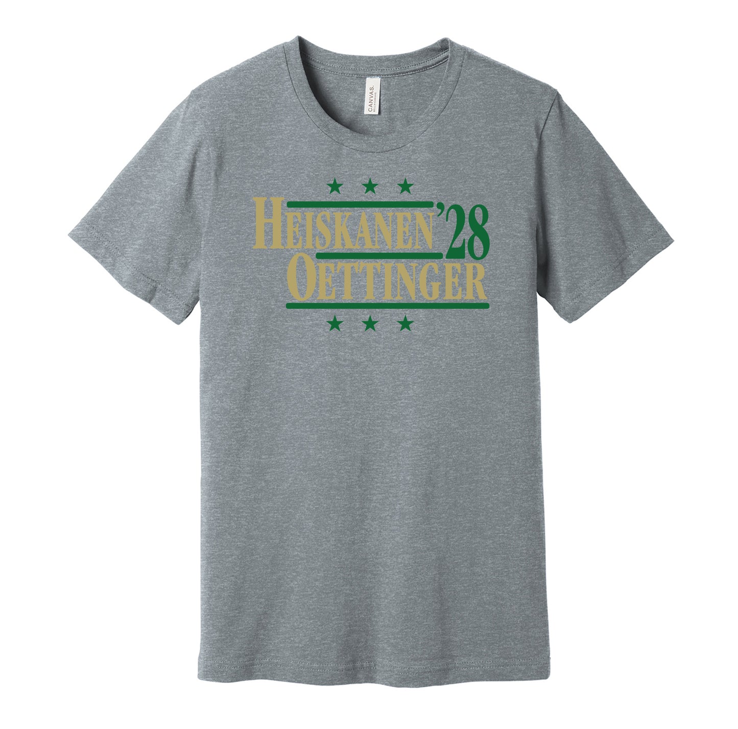 Dallas Stars retro political campaign parody grey t-shirt featuring Miro Heiskanen and Jake Oettinger '28, designed in a vintage election style by Hyper Than Hype Shirts.