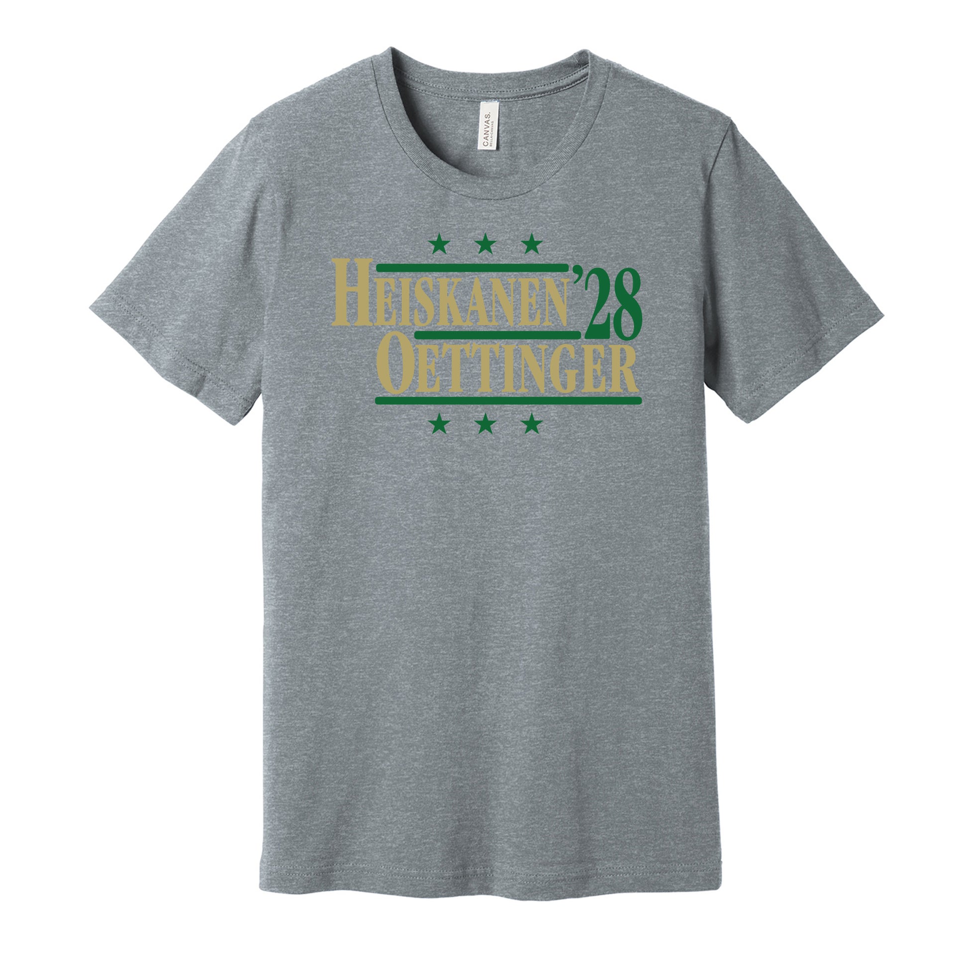 Dallas Stars retro political campaign parody grey t-shirt featuring Miro Heiskanen and Jake Oettinger '28, designed in a vintage election style by Hyper Than Hype Shirts.