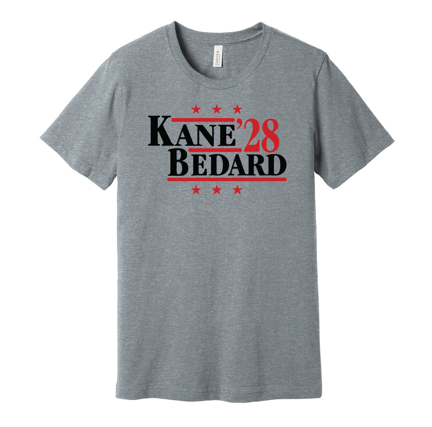 Chicago Blackhawks retro political campaign parody grey t-shirt featuring Patrick Kane and Connor Bedard '28, designed in a vintage election style by Hyper Than Hype Shirts.
