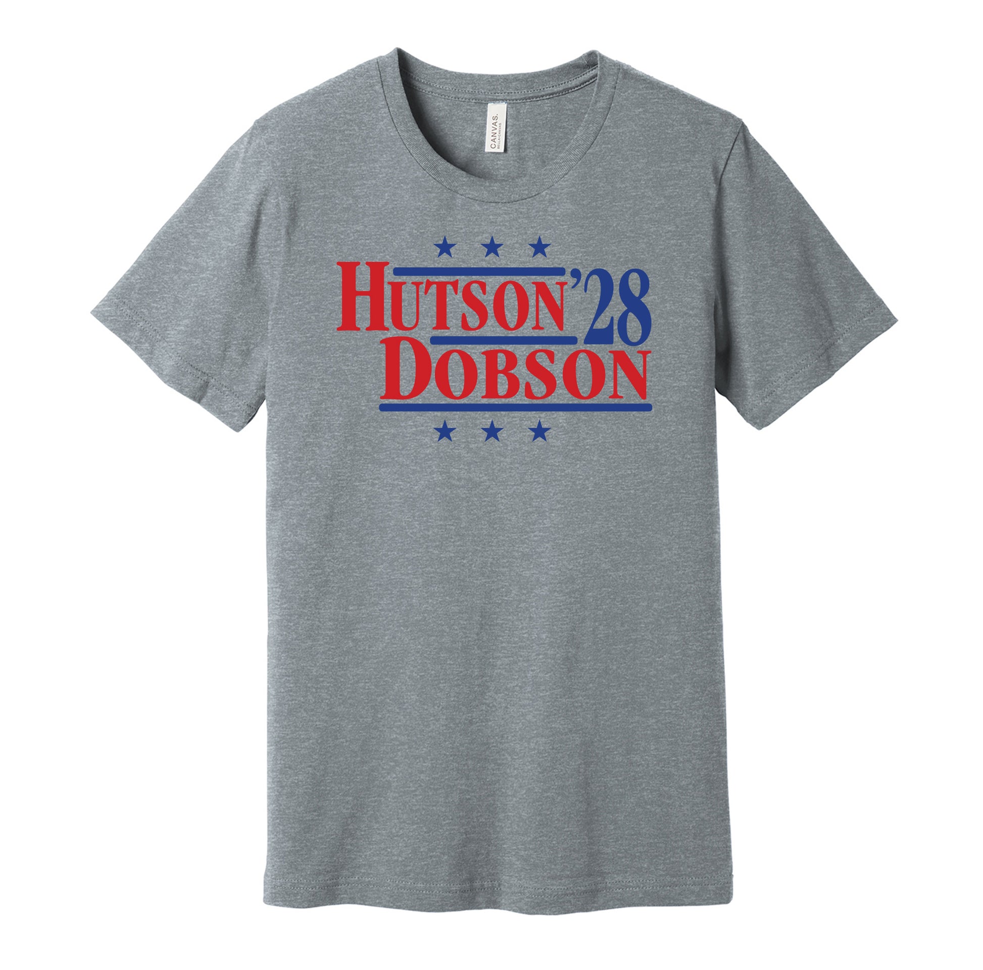 Montreal Canadiens retro political campaign parody grey t-shirt featuring Lane Hutson and Noah Dobson '28, designed in a vintage election style by Hyper Than Hype Shirts.