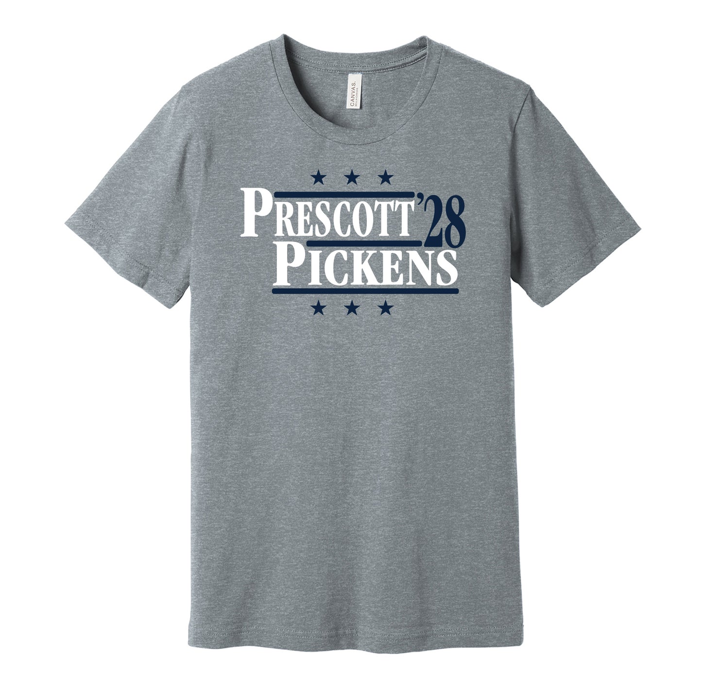 Dallas Cowboys retro political campaign parody grey t-shirt featuring Dak Prescott and George Pickens '28, designed in a vintage election style by Hyper Than Hype Shirts.
