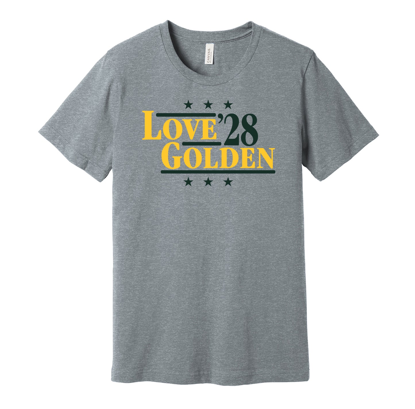 Green Bay Packers retro political campaign parody grey t-shirt featuring Jordan Love and Matthew Golden '28, designed in a vintage election style by Hyper Than Hype Shirts.