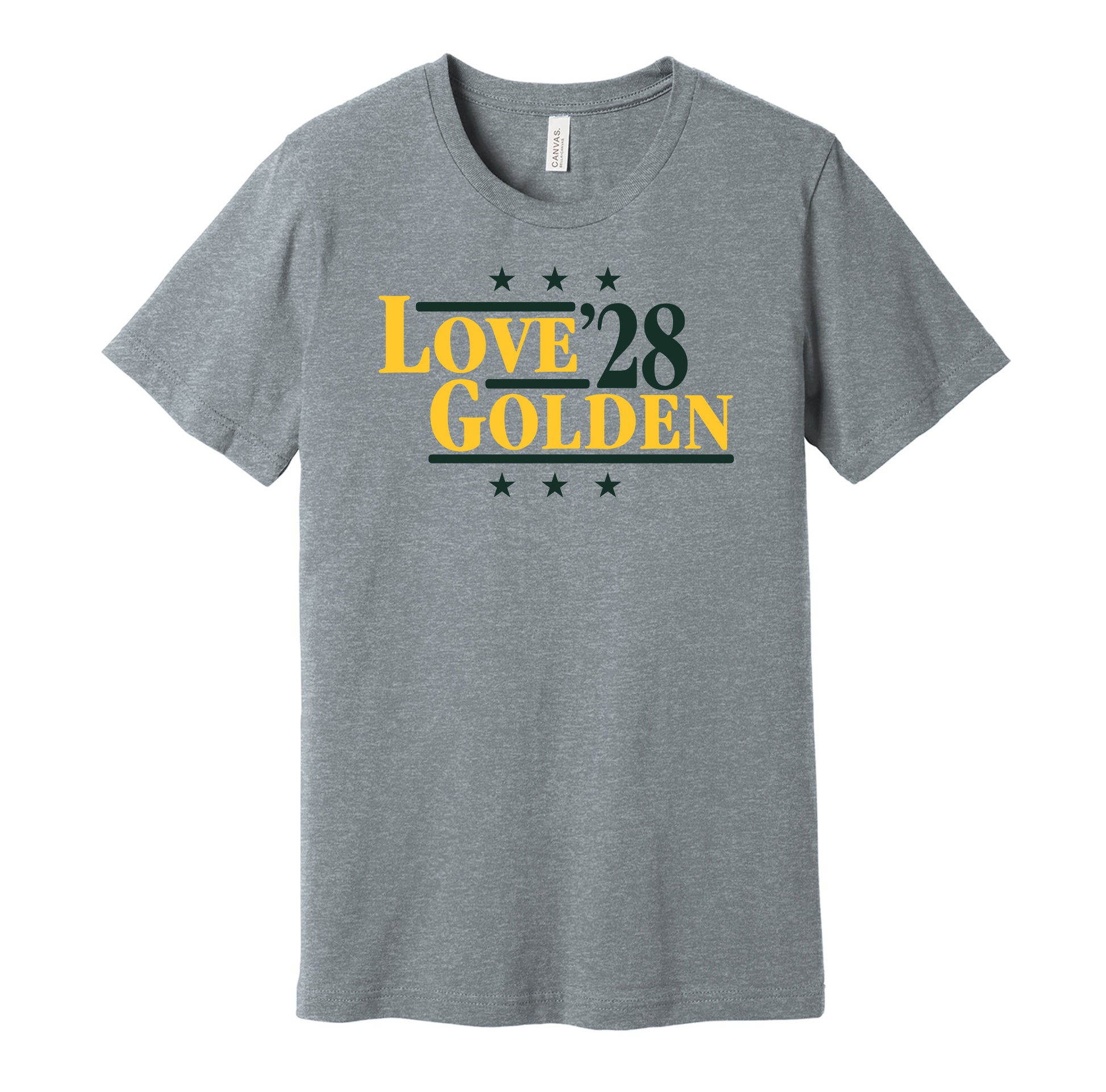 Green Bay Packers retro political campaign parody grey t-shirt featuring Jordan Love and Matthew Golden '28, designed in a vintage election style by Hyper Than Hype Shirts.