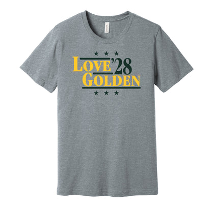 Green Bay Packers retro political campaign parody grey t-shirt featuring Jordan Love and Matthew Golden '28, designed in a vintage election style by Hyper Than Hype Shirts.