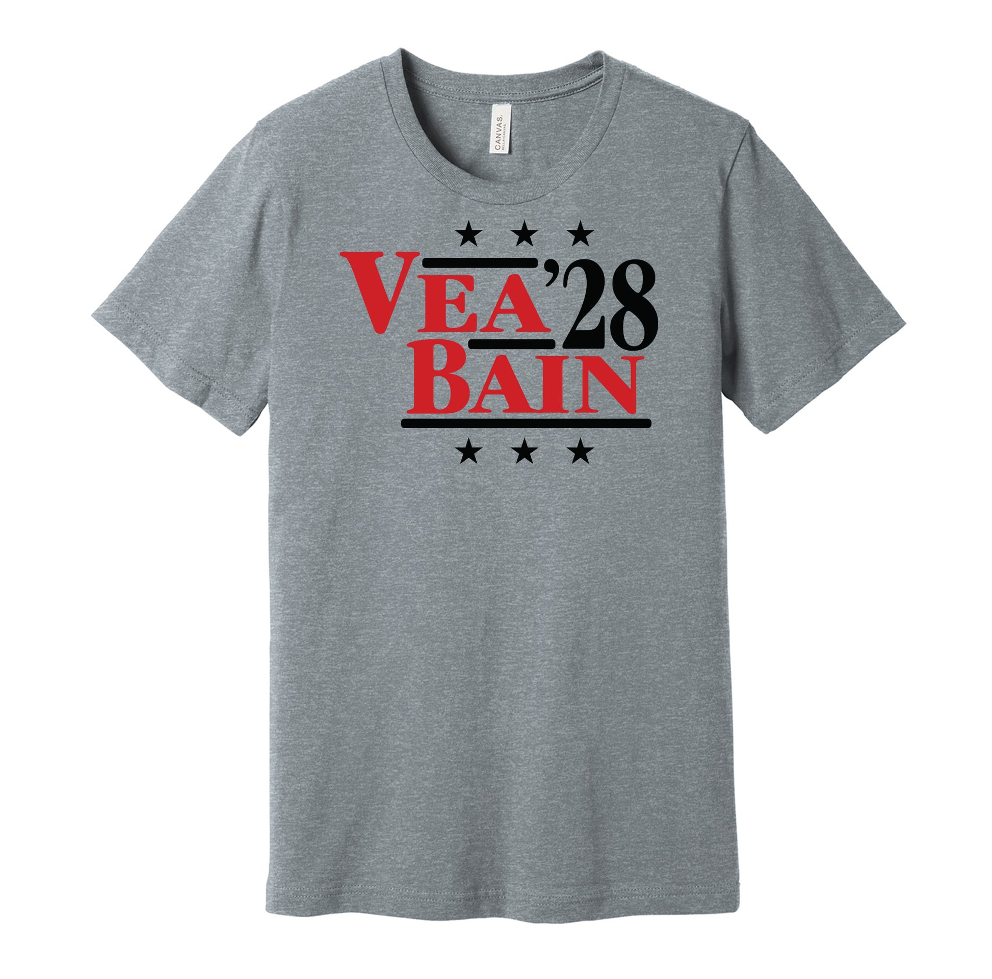 Tampa Bay Buccaneers retro political campaign parody grey t-shirt featuring Vita Vea and Rueben Bain Jr. '28, designed in a vintage election style by Hyper Than Hype Shirts.