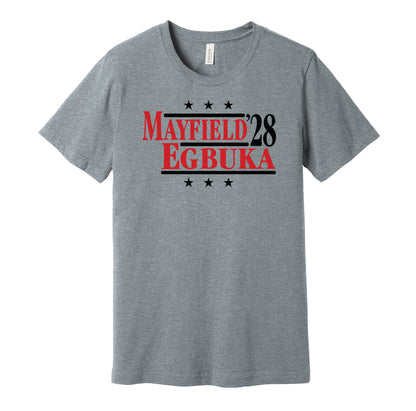 Tampa Bay Buccaneers retro political campaign parody grey t-shirt featuring Baker Mayfield and Emeka Egbuka '28, designed in a vintage election style by Hyper Than Hype Shirts.