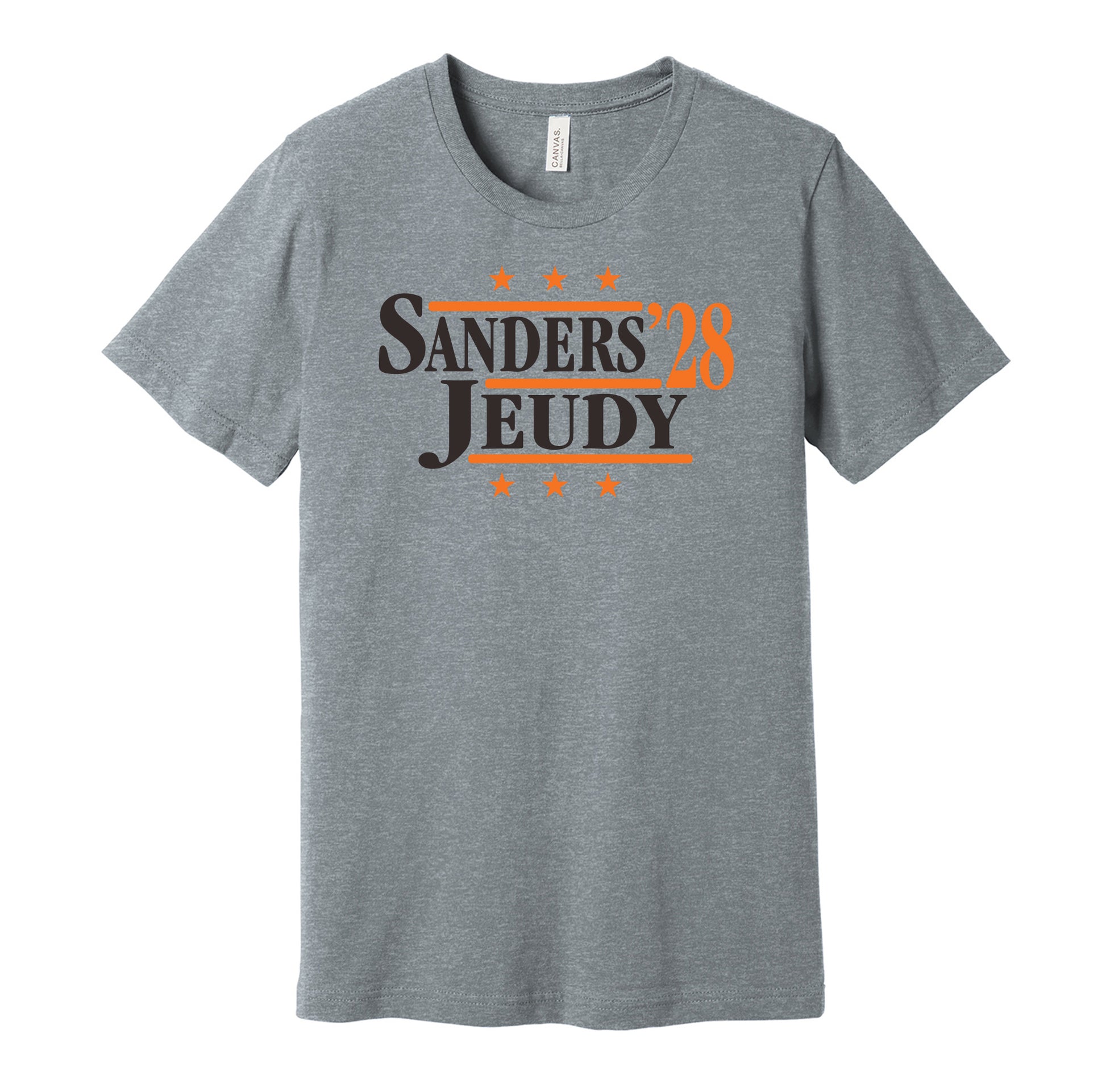 Cleveland Browns retro political campaign parody grey t-shirt featuring Shedeur Sanders and Jerry Jeudy '28, designed in a vintage election style by Hyper Than Hype Shirts.