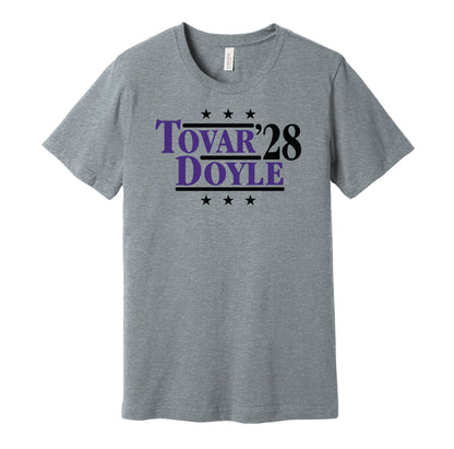 Colorado Rockies retro political campaign parody grey t-shirt featuring Ezequiel Tovar and Brenton Doyle '28, designed in a vintage election style by Hyper Than Hype Shirts.
