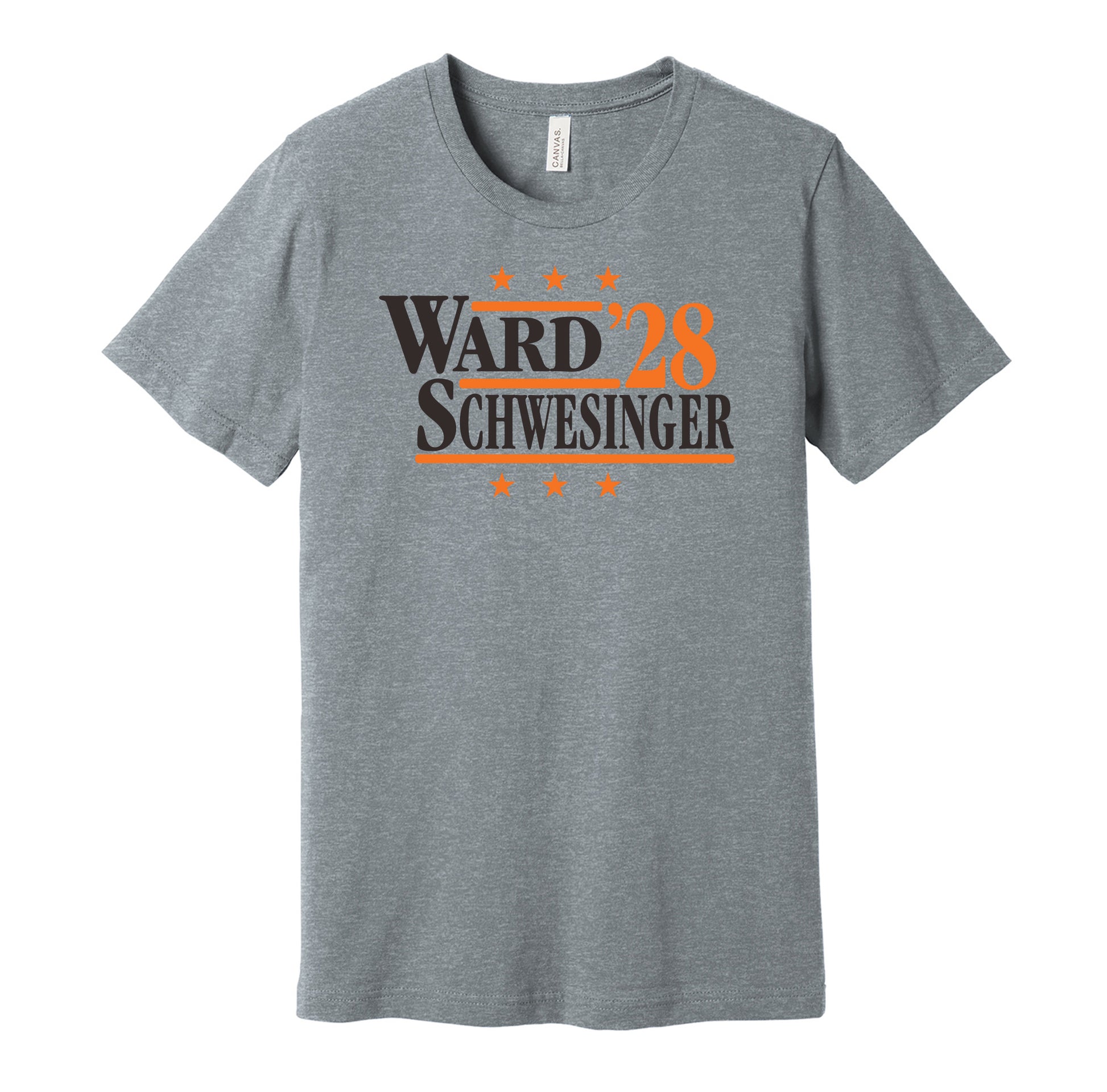 Cleveland Browns retro political campaign parody grey t-shirt featuring Denzel Ward and Carson Schwesinger '28, designed in a vintage election style by Hyper Than Hype Shirts.