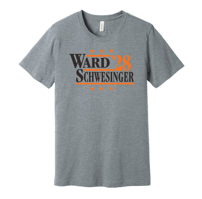 Cleveland Browns retro political campaign parody grey t-shirt featuring Denzel Ward and Carson Schwesinger '28, designed in a vintage election style by Hyper Than Hype Shirts.