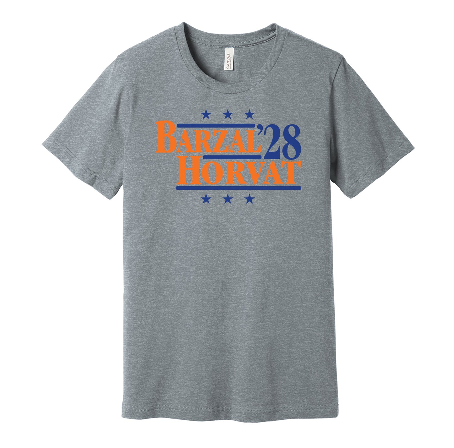 New York Islanders retro political campaign parody grey t-shirt featuring Mathew Barzal and Bo Horvat '28 design