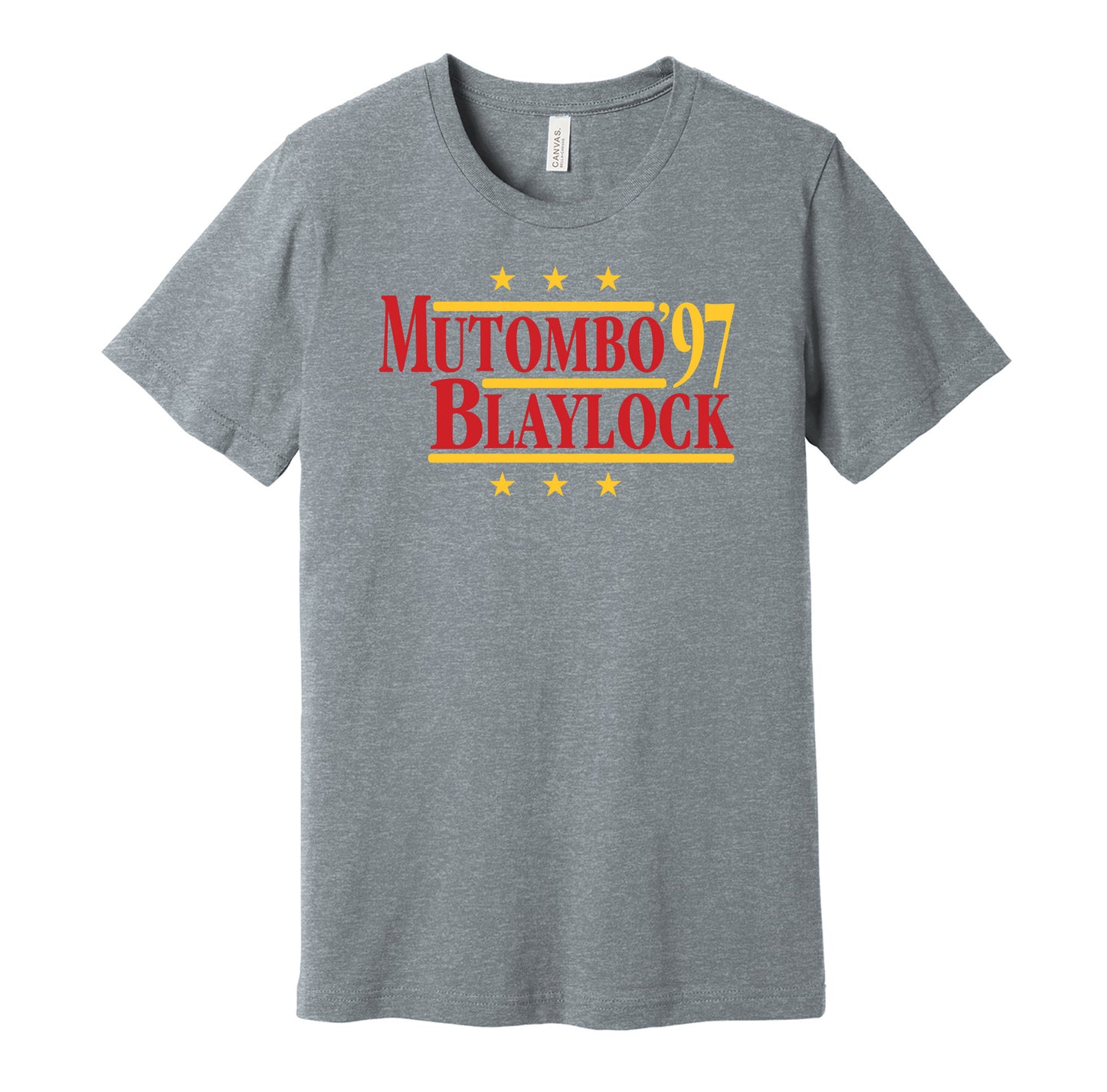 Atlanta Hawks retro political campaign parody grey t-shirt featuring Dikembe Mutombo and Mookie Blaylock '97, designed in a vintage election style by Hyper Than Hype Shirts.