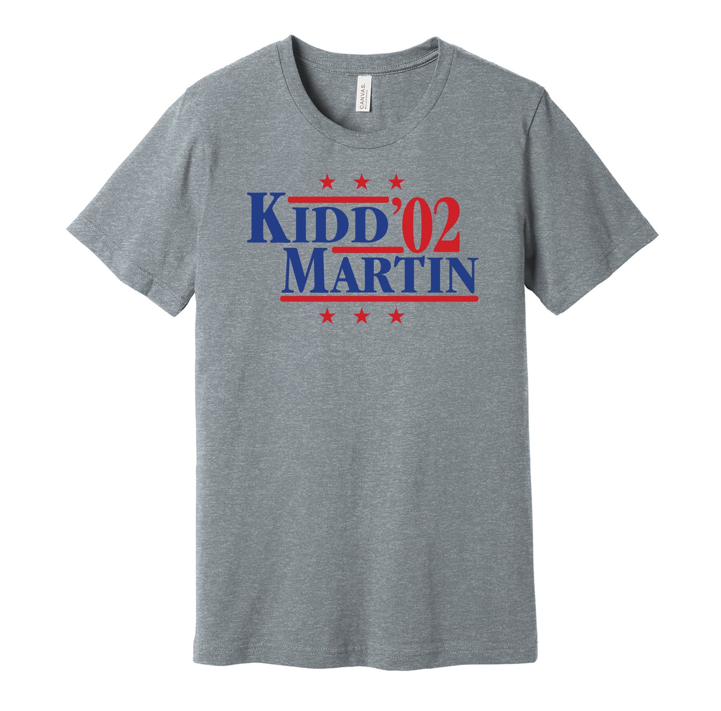 New Jersey Nets retro political campaign parody grey t-shirt featuring Jason Kidd and Kenyon Martin '02, designed in a vintage election style by Hyper Than Hype Shirts.