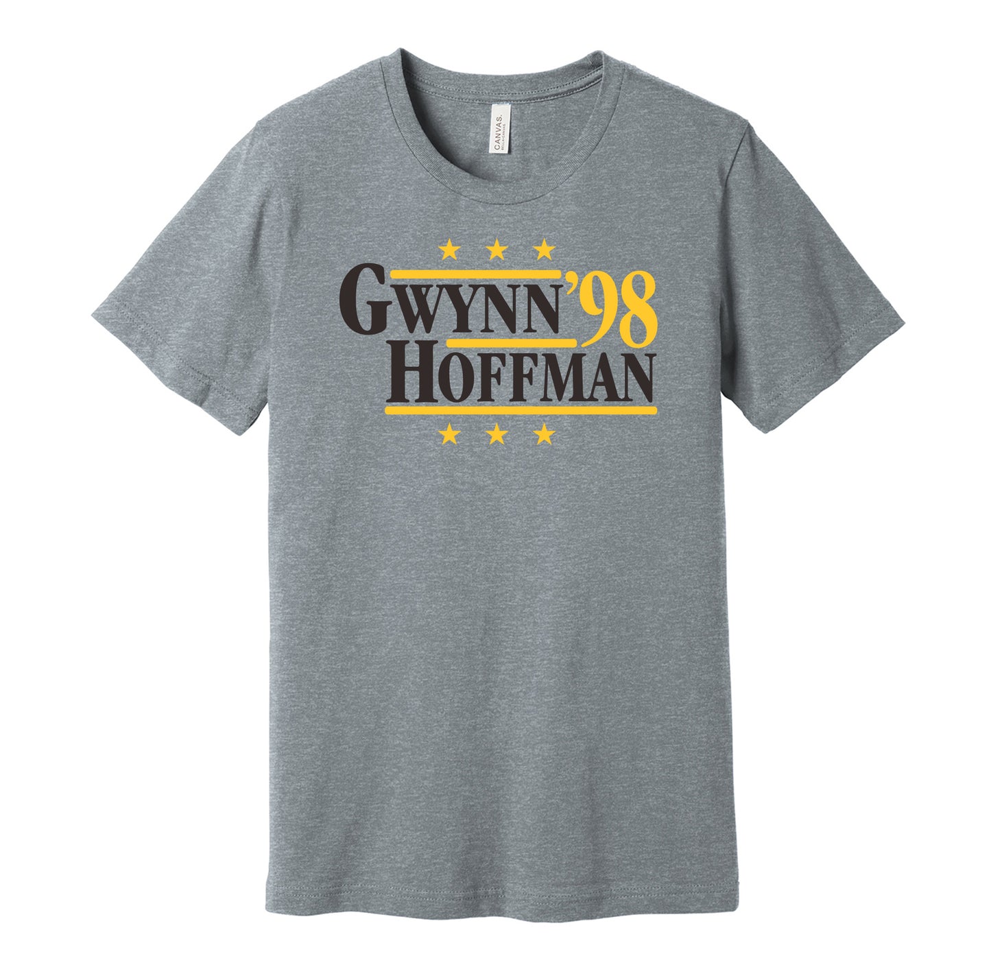 San Diego Padres retro political campaign parody grey t-shirt featuring Tony Gwynn and Trevor Hoffman '98, designed in a vintage election style by Hyper Than Hype Shirts.
