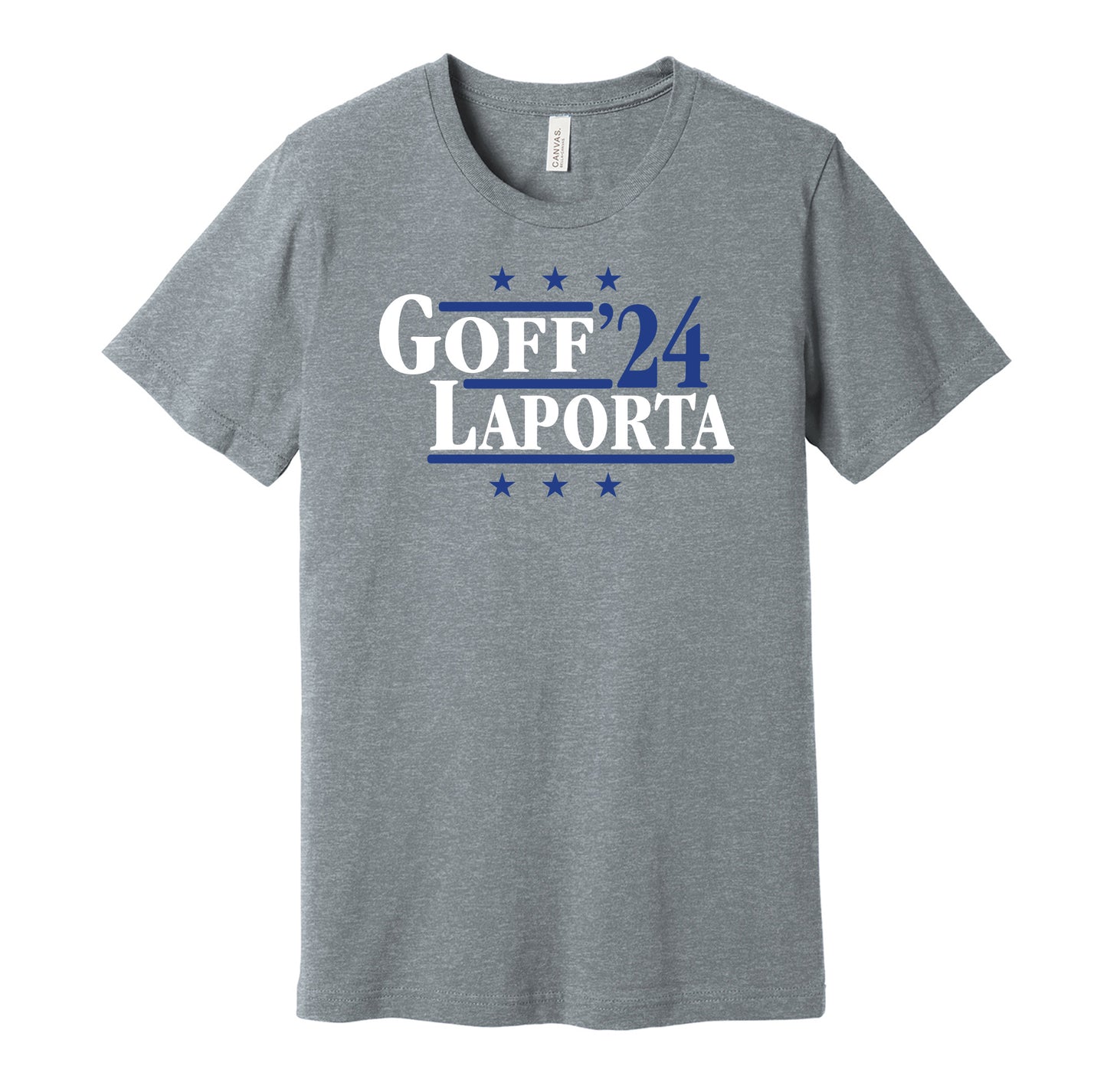 Detroit Lions retro political campaign parody grey t-shirt featuring Jared Goff and Sam LaPorta '24, designed in a vintage election style by Hyper Than Hype Shirts.