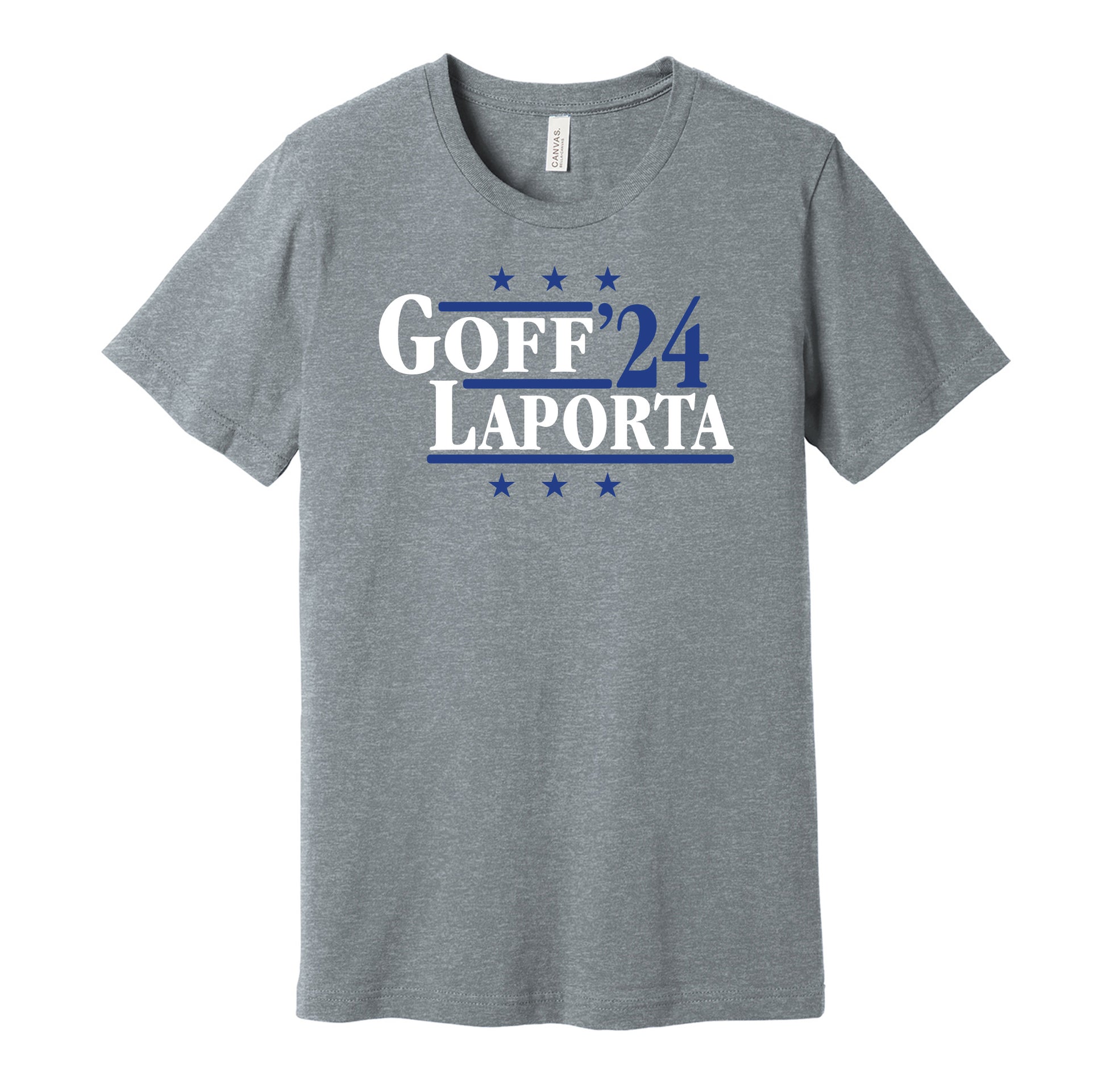 Detroit Lions retro political campaign parody grey t-shirt featuring Jared Goff and Sam LaPorta '24, designed in a vintage election style by Hyper Than Hype Shirts.