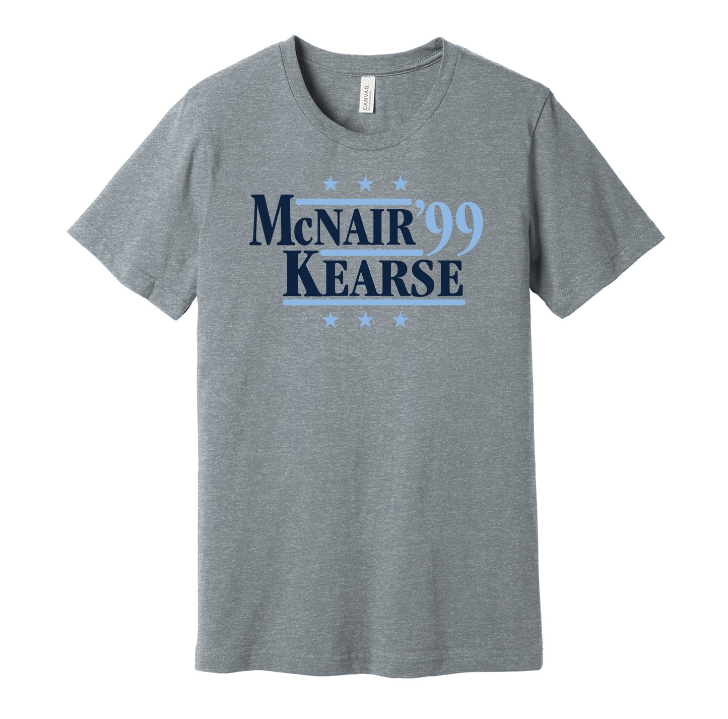 Tennessee Titans retro political campaign parody grey t-shirt featuring Steve McNair and Jevon Kearse '99, designed in a vintage election style by Hyper Than Hype Shirts.
