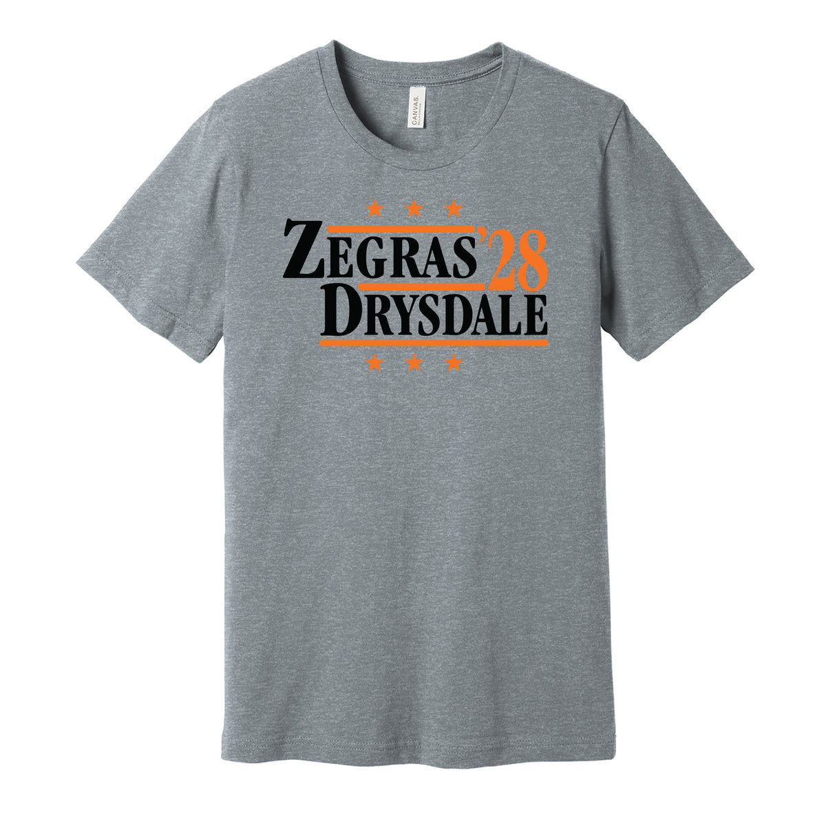 Philadelphia Flyers retro political campaign parody grey t-shirt featuring Trevor Zegras and Jamie Drysdale '28, designed in a vintage election style by Hyper Than Hype Shirts.