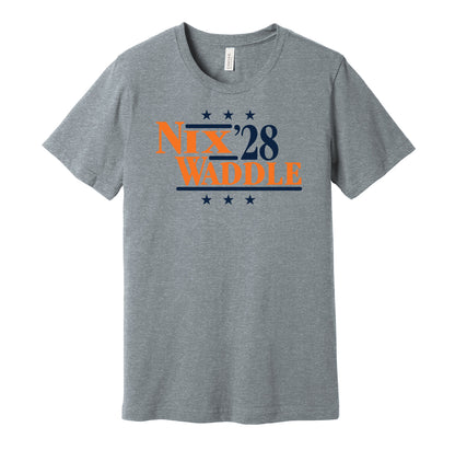 Denver Broncos retro political campaign parody grey t-shirt featuring Bo Nix and Jaylen Waddle '28, designed in a vintage election style by Hyper Than Hype Shirts.