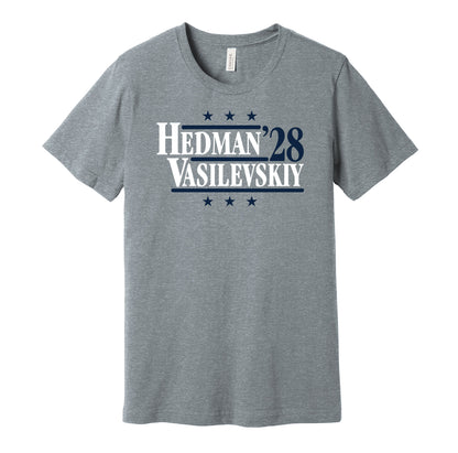 Tampa Bay Lightning retro political campaign parody grey t-shirt featuring Victor Hedman and Andrei Vasilevskiy '28, designed in a vintage election style by Hyper Than Hype Shirts.