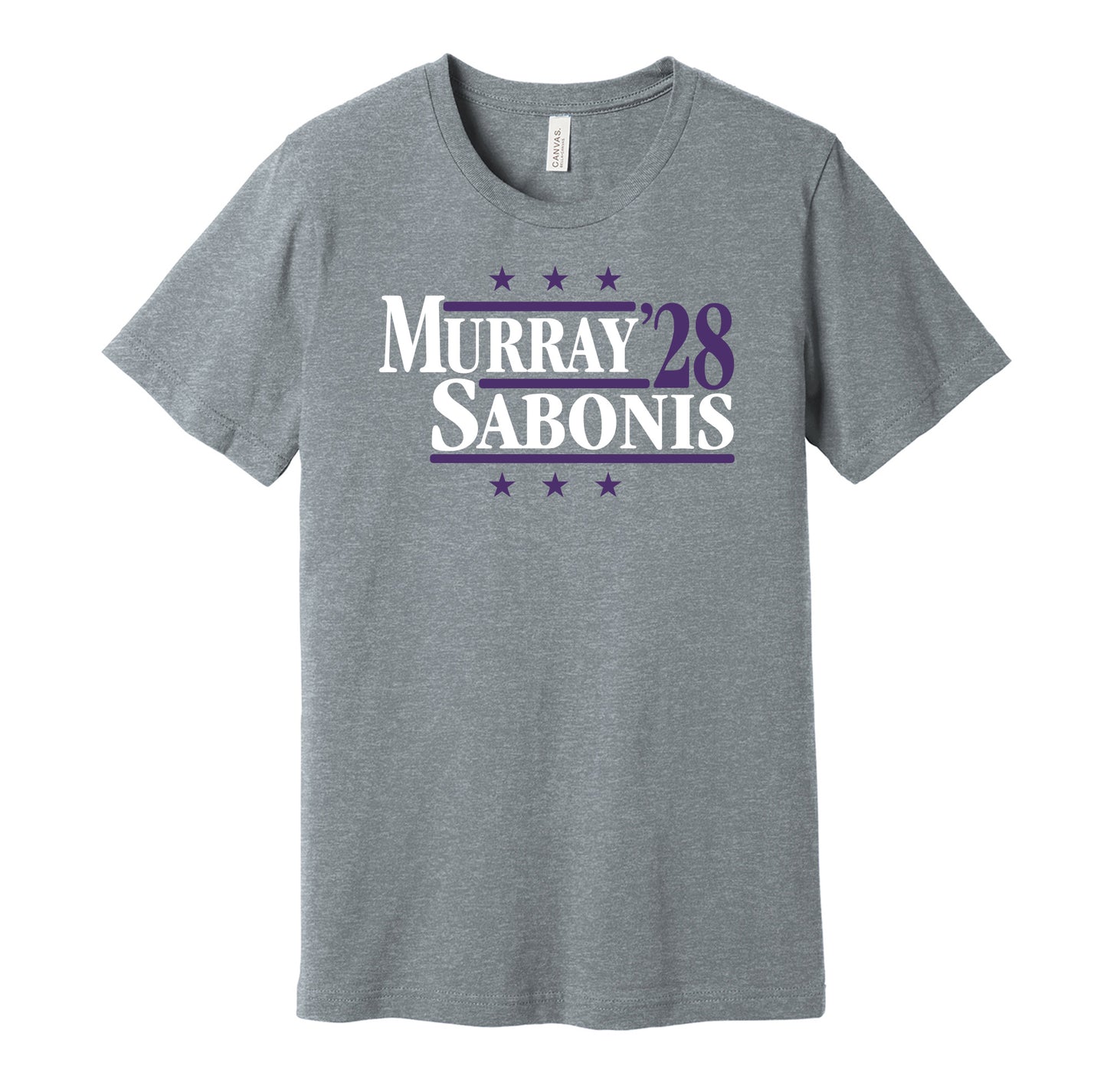 Sacramento Kings retro political campaign parody grey t-shirt featuring Keegan Murray and Domantas Sabonis '28, designed in a vintage election style by Hyper Than Hype Shirts.