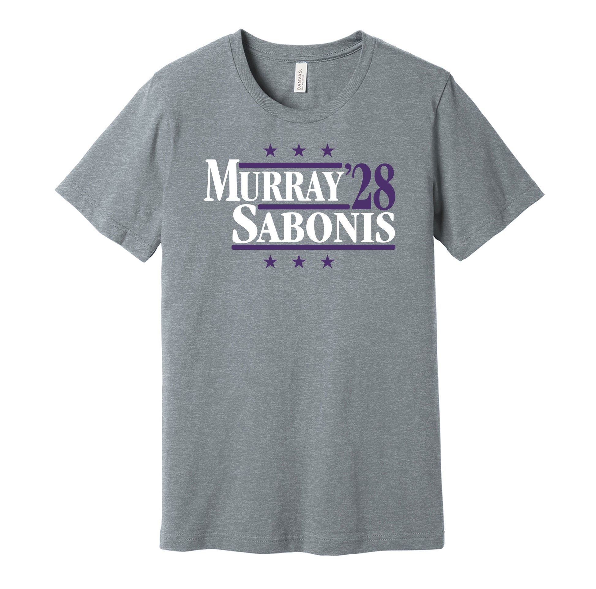 Sacramento Kings retro political campaign parody grey t-shirt featuring Keegan Murray and Domantas Sabonis '28, designed in a vintage election style by Hyper Than Hype Shirts.