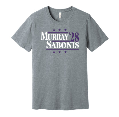 Sacramento Kings retro political campaign parody grey t-shirt featuring Keegan Murray and Domantas Sabonis '28, designed in a vintage election style by Hyper Than Hype Shirts.