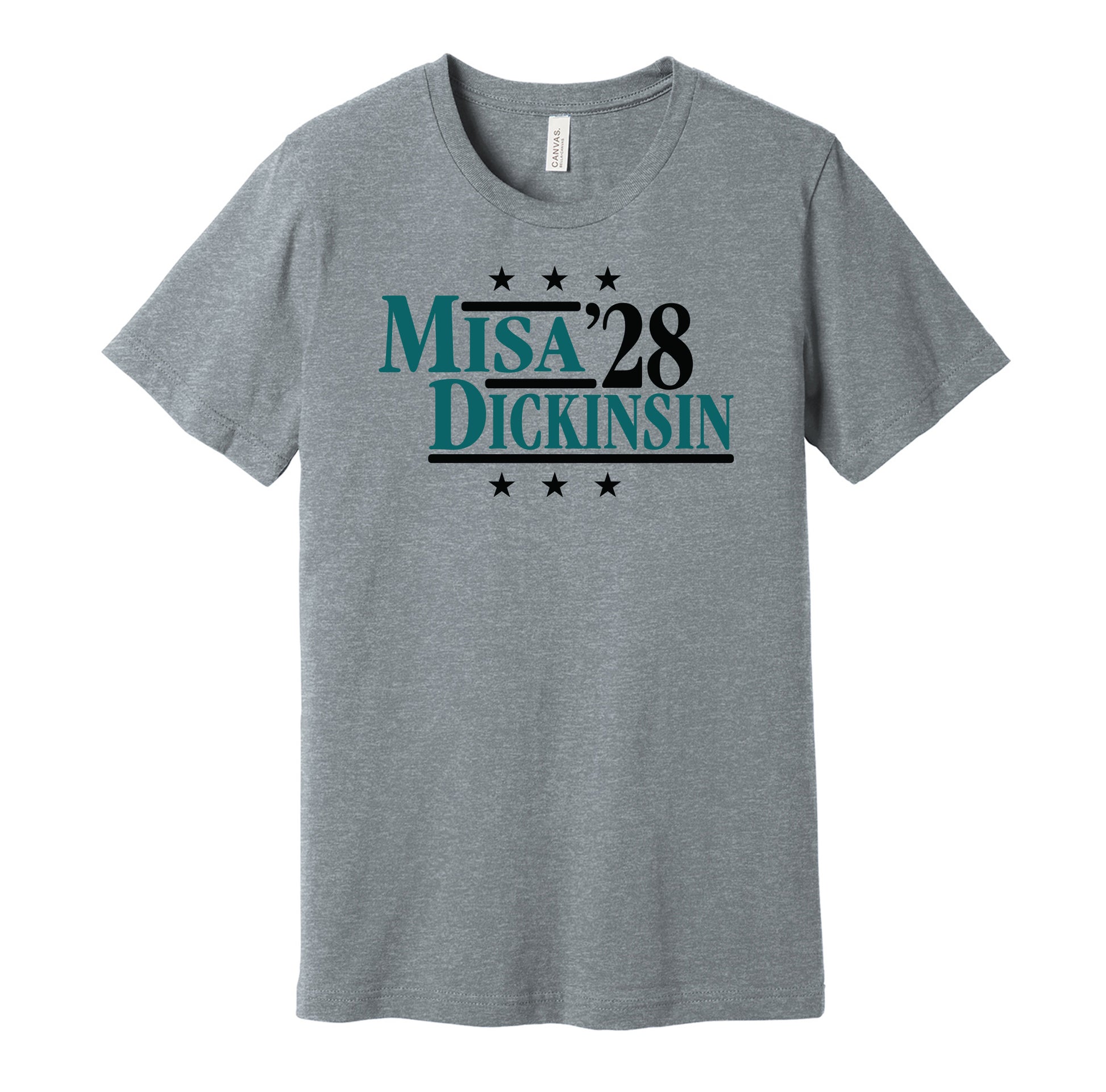 San Jose Sharks retro political campaign parody grey t-shirt featuring Michael Misa and Sam Dickinson '28, designed in a vintage election style by Hyper Than Hype Shirts.