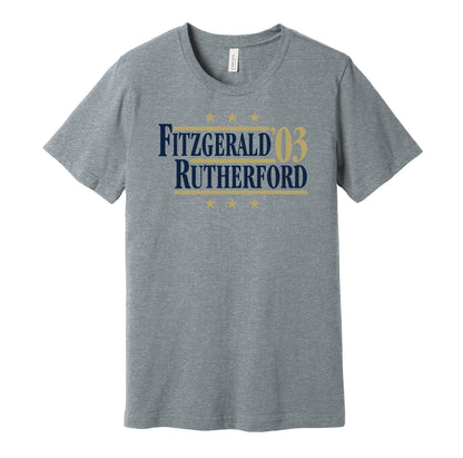 Pittsburgh Panthers retro political campaign parody grey t-shirt featuring Larry Fitzgerald and Rod Rutherford '03, designed in a vintage election style by Hyper Than Hype Shirts.