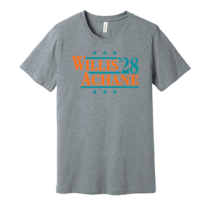 Miami Dolphins retro political campaign parody grey t-shirt featuring Malik Willis and De'Von Achane '28, designed in a vintage election style by Hyper Than Hype Shirts.