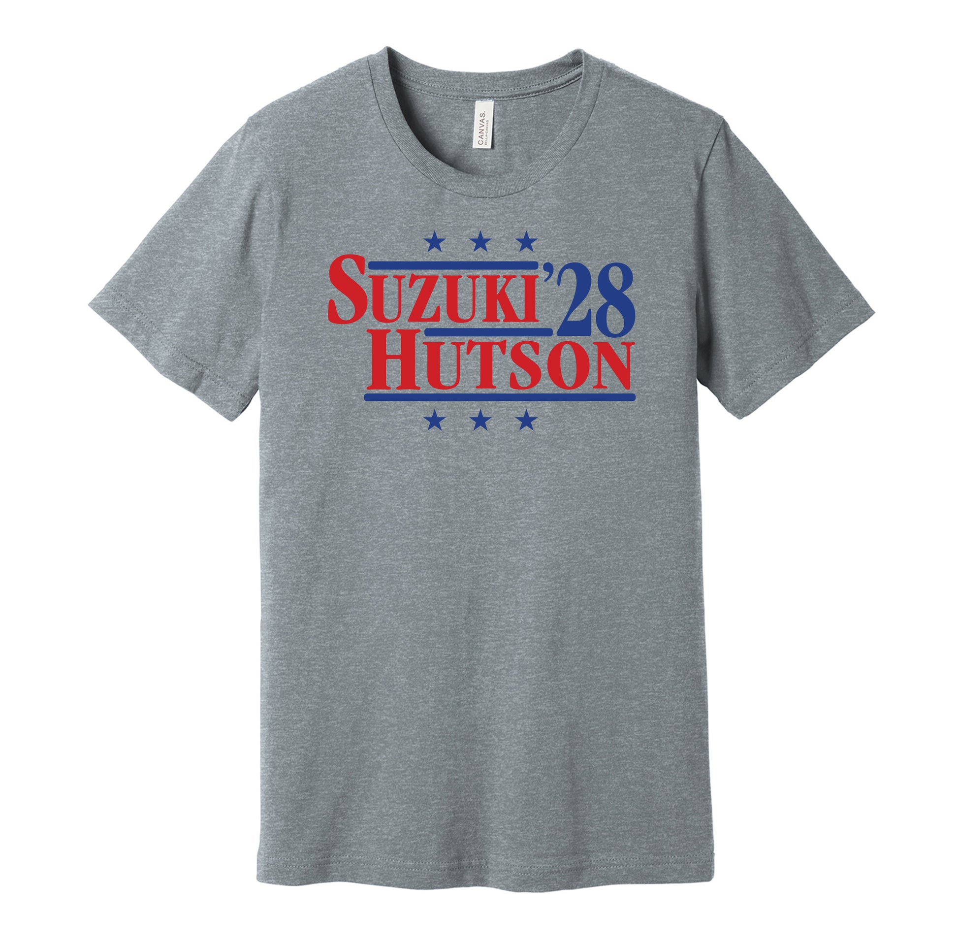 Montreal Canadiens retro political campaign parody grey t-shirt featuring Nick Suzuki and Lane Hutson '28, designed in a vintage election style by Hyper Than Hype Shirts.