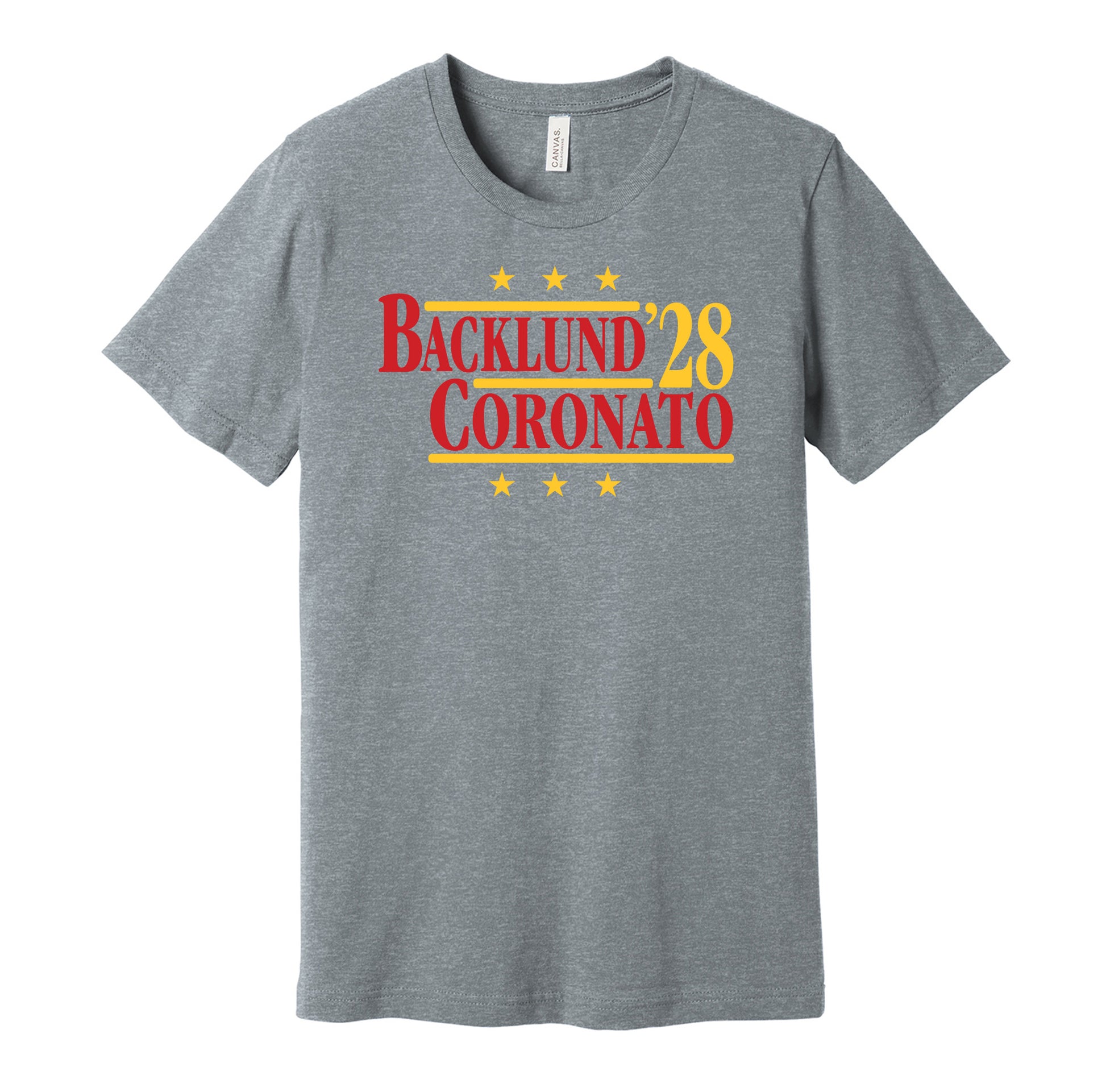 Calgary Flames retro political campaign parody grey t-shirt featuring Mikael Backlund and Matt Coronato '28, designed in a vintage election style by Hyper Than Hype Shirts.