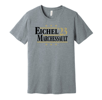 Vegas Golden Knights retro political campaign parody grey t-shirt featuring Jack Eichel and Jonathan Marchessault '23, designed in a vintage election style by Hyper Than Hype Shirts.