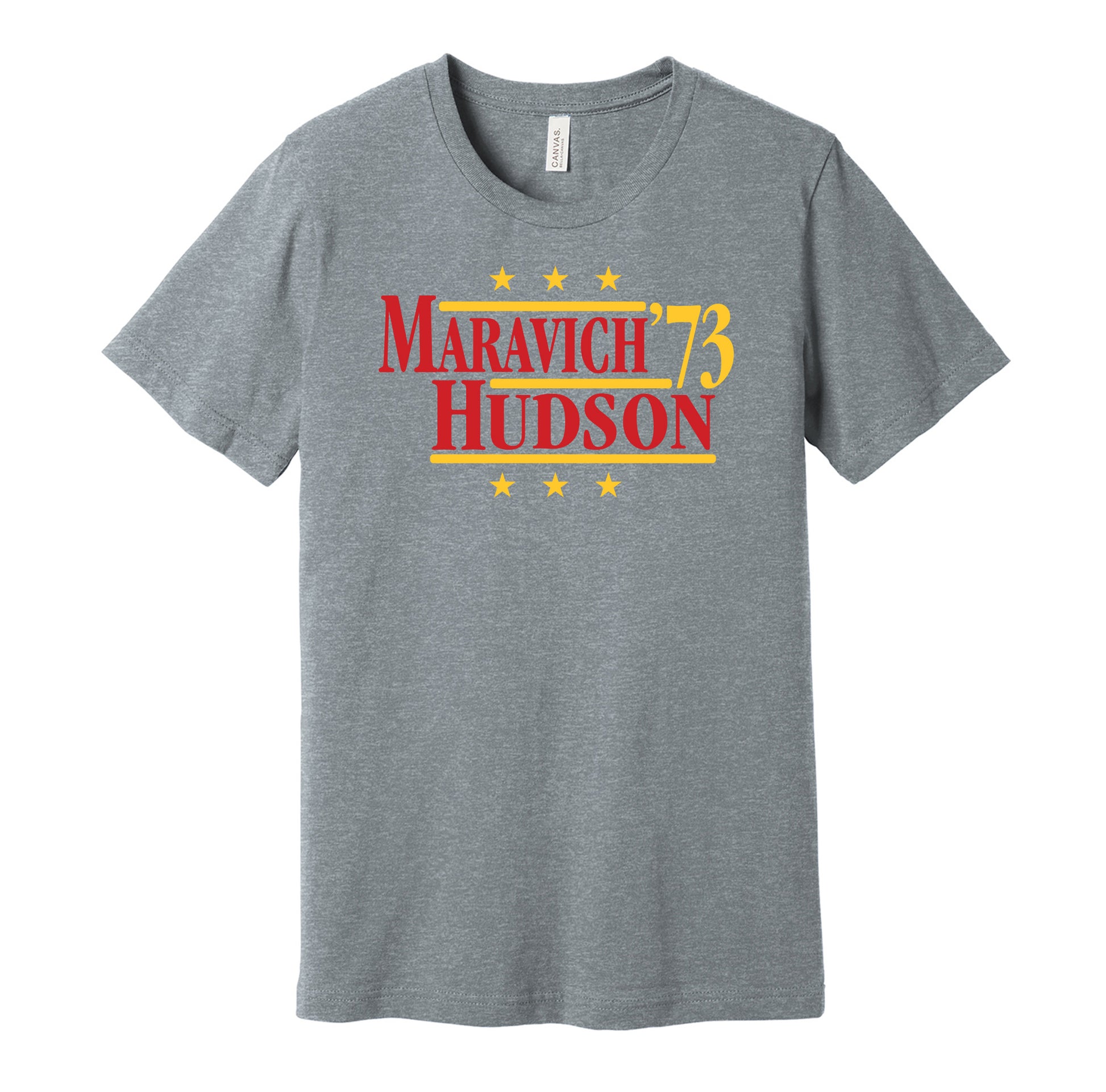Atlanta Hawks retro political campaign parody grey t-shirt featuring Pete Maravich and Lou Hudson '73, designed in a vintage election style by Hyper Than Hype Shirts.