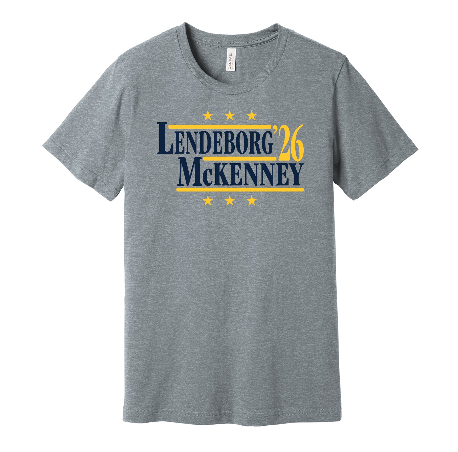 Michigan Wolverines retro political campaign parody grey t-shirt featuring Yaxel Lendeborg and Trey McKenney '26, designed in a vintage election style by Hyper Than Hype Shirts.