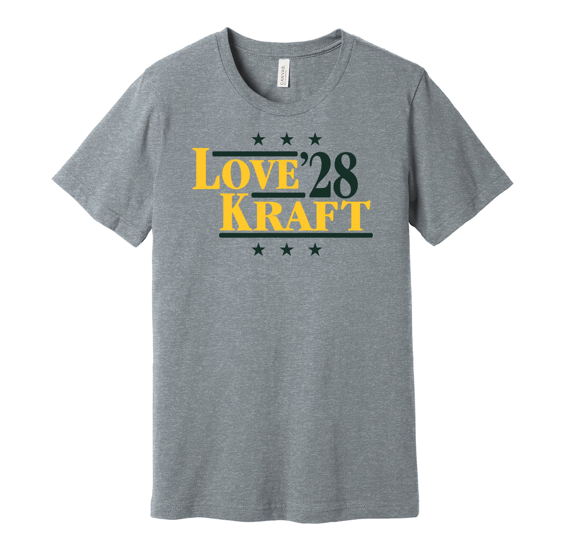 Green Bay Packers retro political campaign parody grey t-shirt featuring Jordan Love and Tucker Kraft '28, designed in a vintage election style by Hyper Than Hype Shirts.