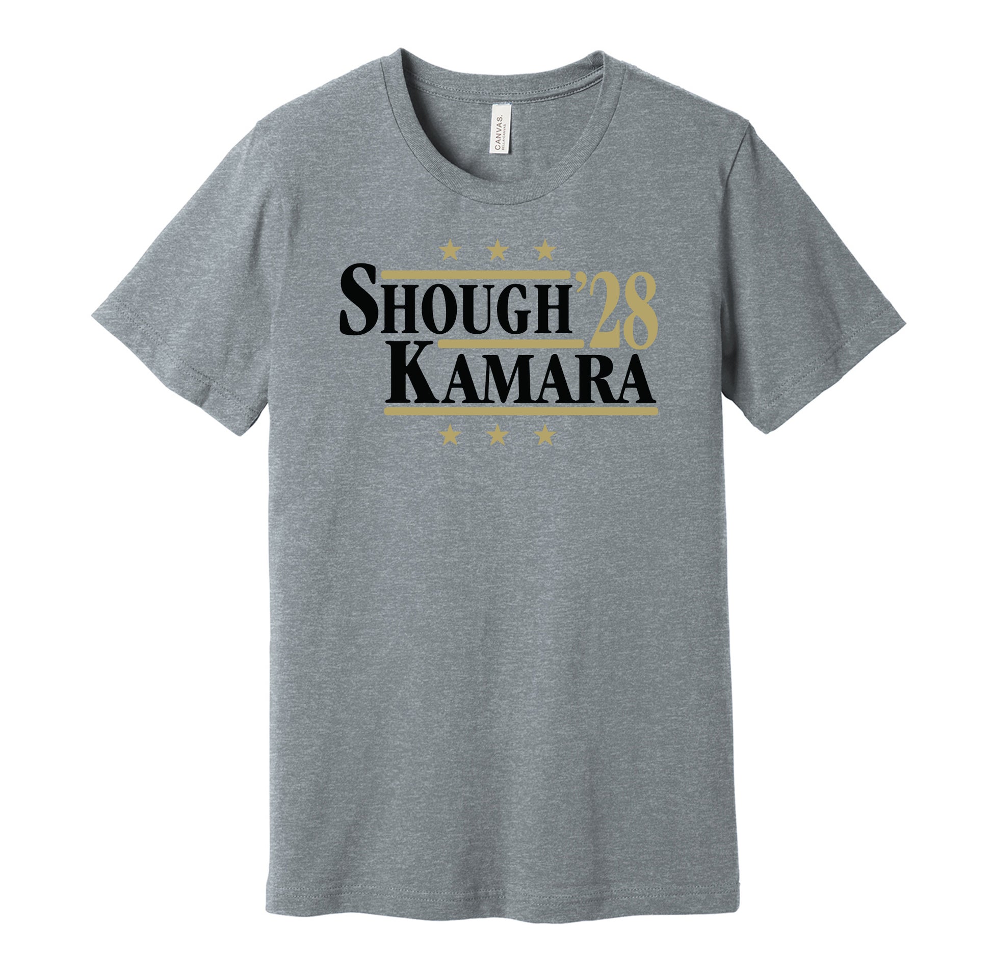 New Orleans Saints retro political campaign parody grey t-shirt featuring Tyler Shough and Alvin Kamara '28, designed in a vintage election style by Hyper Than Hype Shirts.