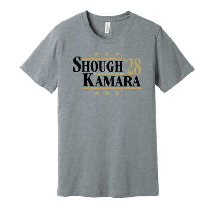 New Orleans Saints retro political campaign parody grey t-shirt featuring Tyler Shough and Alvin Kamara '28, designed in a vintage election style by Hyper Than Hype Shirts.