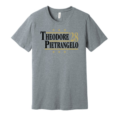 Vegas Golden Knights retro political campaign parody grey t-shirt featuring Shea Theodore and Alex Pietrangelo '28, designed in a vintage election style by Hyper Than Hype Shirts.