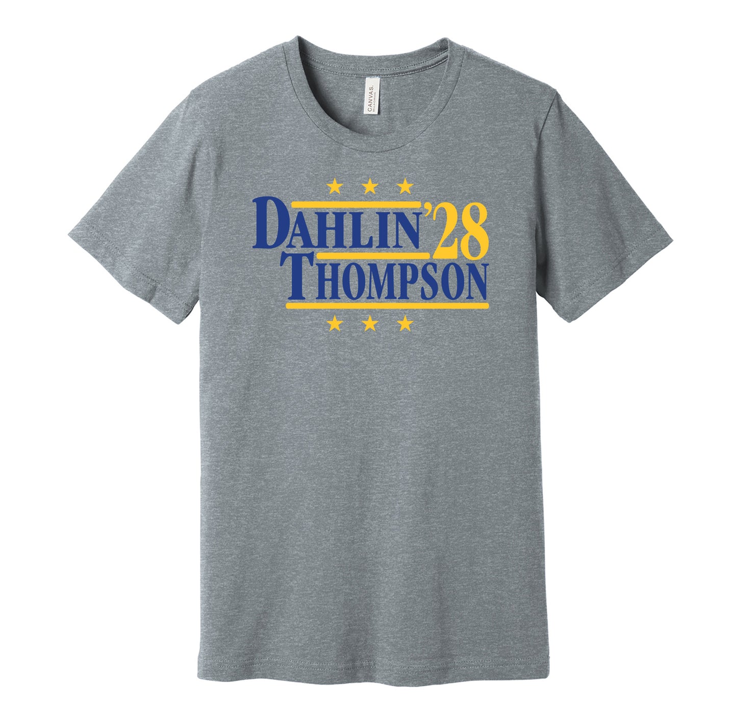 Buffalo Sabres retro political campaign parody grey t-shirt featuring Rasmus Dahlin and Tage Thompson '28, designed in a vintage election style by Hyper Than Hype Shirts.