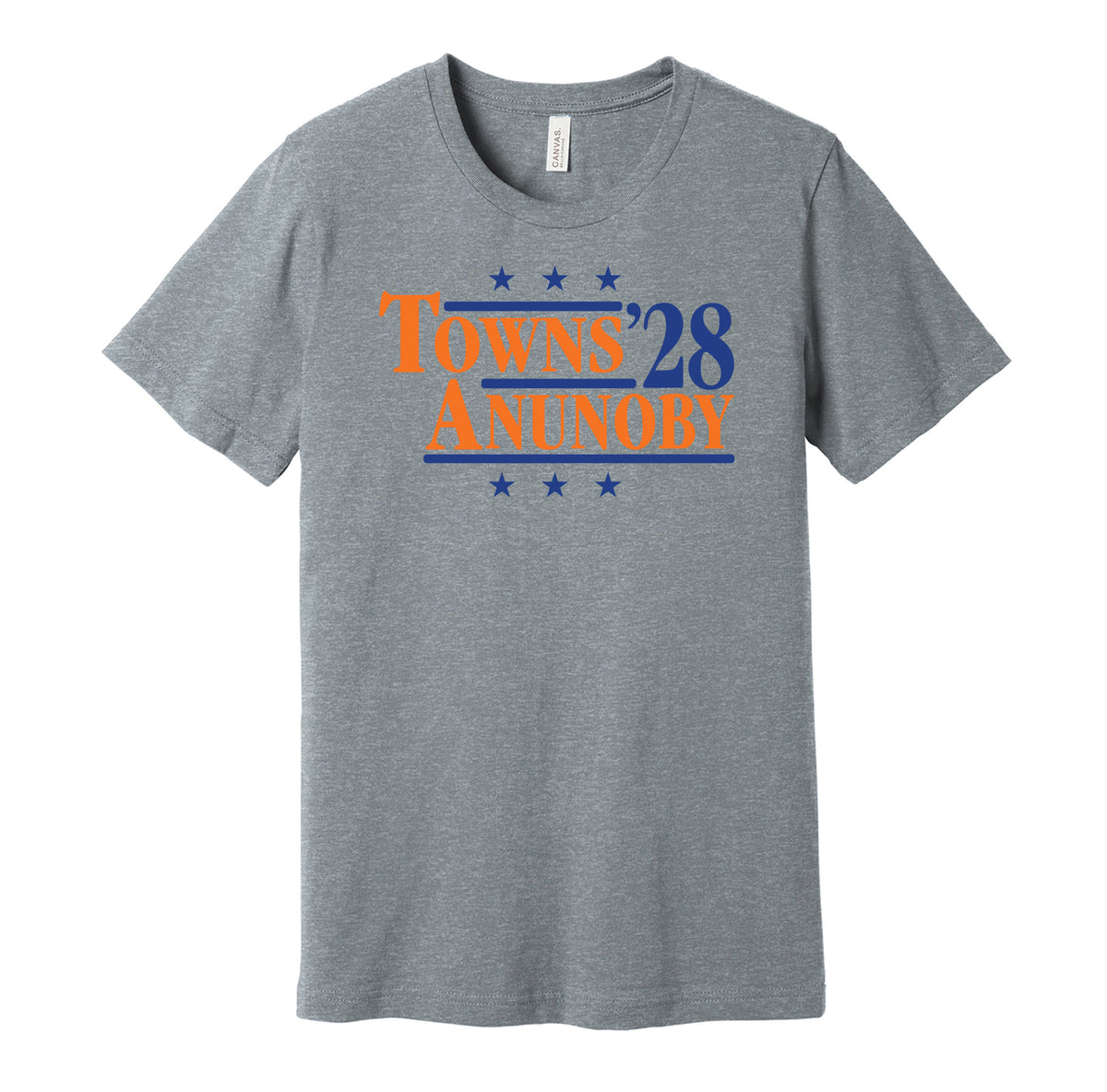 New York Knicks retro political campaign parody grey t-shirt featuring Karl-Anthony Towns and OG Anunoby '28, designed in a vintage election style by Hyper Than Hype Shirts.