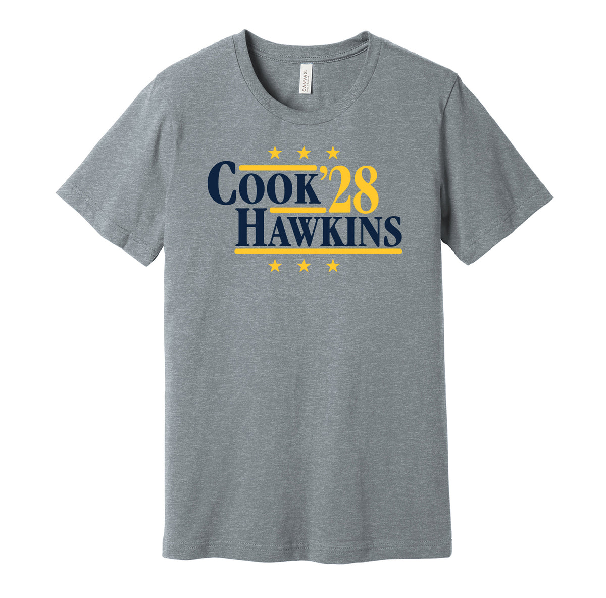 West Virginia Mountaineers retro political campaign parody grey t-shirt featuring Cam Cook and Michael Hawkins Jr. '28, designed in a vintage election style by Hyper Than Hype Shirts.