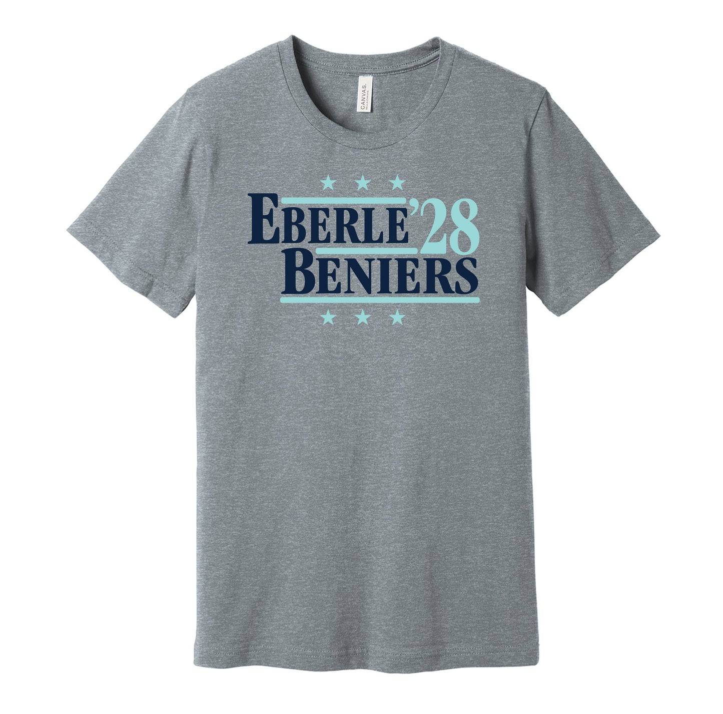 Seattle Kraken retro political campaign parody grey t-shirt featuring Jordan Eberle and Matty Beniers '28, designed in a vintage election style by Hyper Than Hype Shirts.