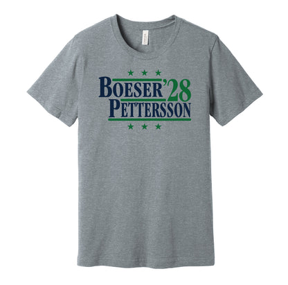 Vancouver Canucks retro political campaign parody grey t-shirt featuring Brock Boeser and Elias Pettersson '28, designed in a vintage election style by Hyper Than Hype Shirts.