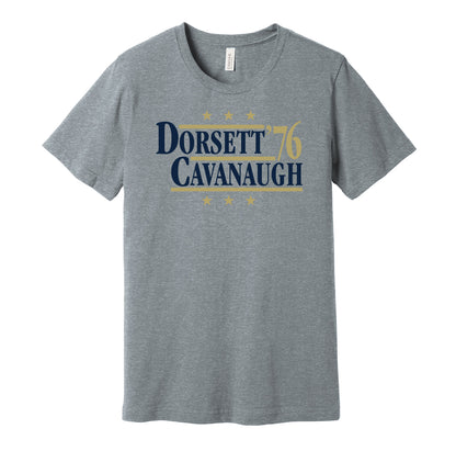 Pittsburgh Panthers retro political campaign parody grey t-shirt featuring Tony Dorsett and Matt Cavanaugh '76, designed in a vintage election style by Hyper Than Hype Shirts.