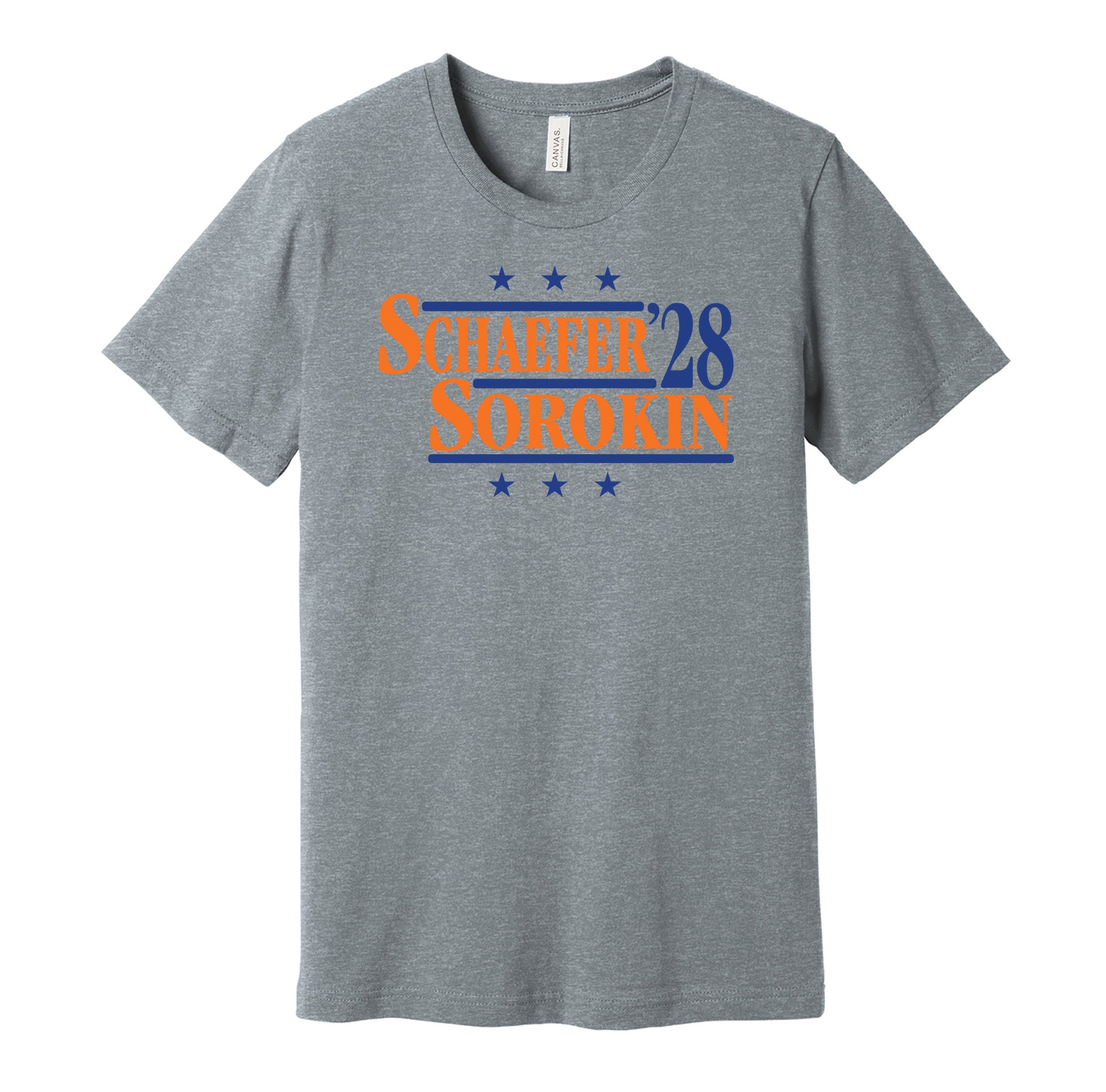 Islanders political campaign parody grey t-shirt featuring Matthew Schaefer and Ilya Sorokin '28, by Hyper Than Hype Shirts.