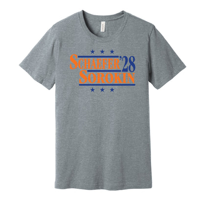 Islanders political campaign parody grey t-shirt featuring Matthew Schaefer and Ilya Sorokin '28, by Hyper Than Hype Shirts.